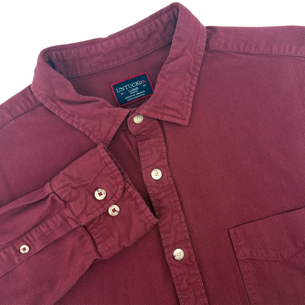 UNTUCKit Rohan Men's Large Slim Fit Burgundy Corduroy Button Down Shirt‎ 41014